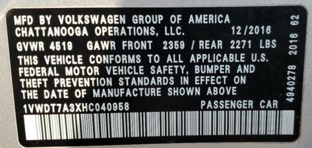 1VWDT7A3XHC040958 - 2017 VOLKSWAGEN PASSAT R-LINE Gümüş foto 12