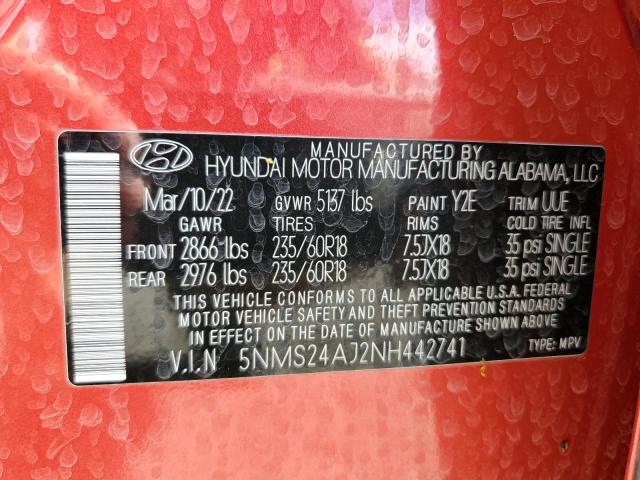 5NMS24AJ2NH442741 - 2022 HYUNDAI SANTA FE SEL RED photo 13