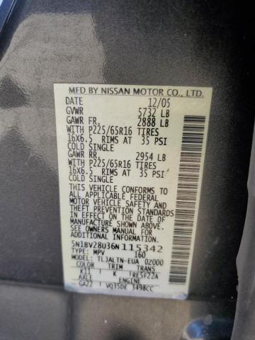 5N1BV28U36N115342 - 2006 NISSAN QUEST S GRAY photo 13