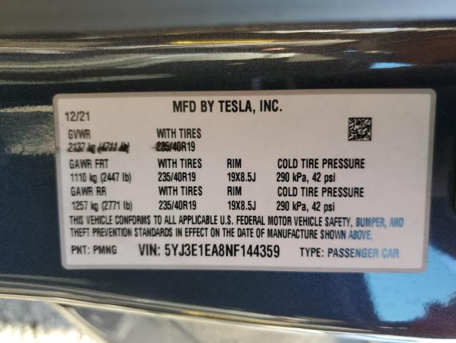 5YJ3E1EA8NF144359 - 2022 TESLA MODEL 3 SILVER photo 12