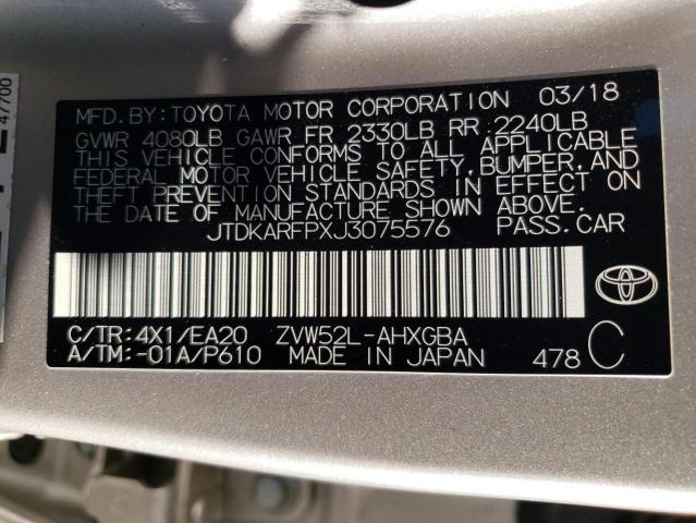 JTDKARFPXJ3075576 - 2018 TOYOTA PRIUS PRIM SILVER photo 12