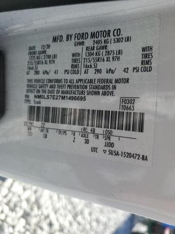 NM0LS7E27M1496695 - 2021 FORD TRANSIT CO XL WHITE photo 13