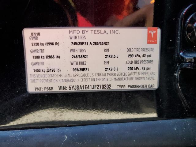 5YJSA1E41JF270302 - 2018 TESLA MODEL S 黑色 照片 12