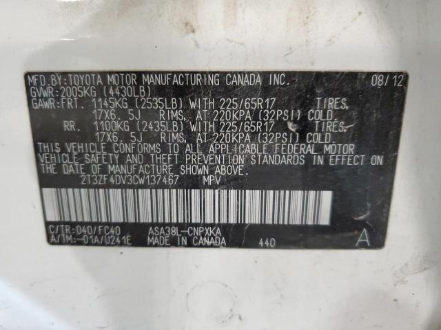 2T3ZF4DV3CW137467 - 2012 TOYOTA RAV4 WHITE photo 12