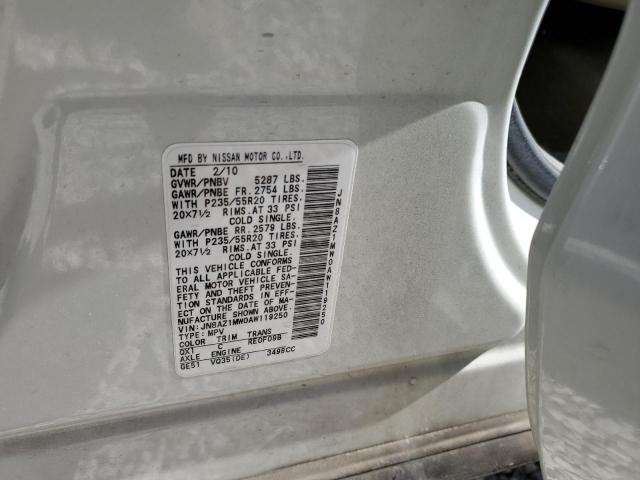 JN8AZ1MW0AW119250 - 2010 NISSAN MURANO S WHITE photo 13