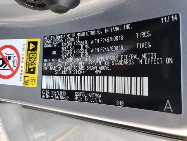 5TDJKRFH4FS113441 - 2015 TOYOTA HIGHLANDER XLE Gris foto 13