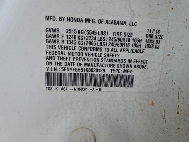 5FNYF5H51KB020129 - 2019 HONDA PILOT EXL WHITE photo 13