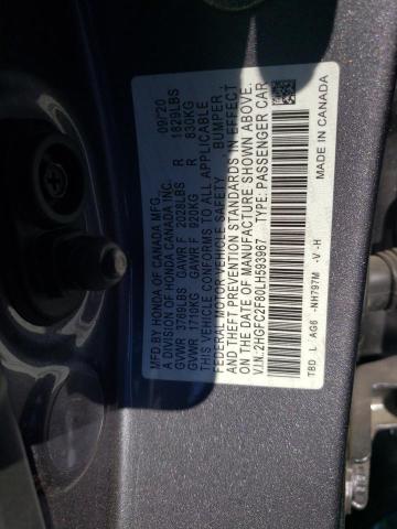 2HGFC2F80LH593967 - 2020 HONDA CIVIC SPORT GRAY photo 12
