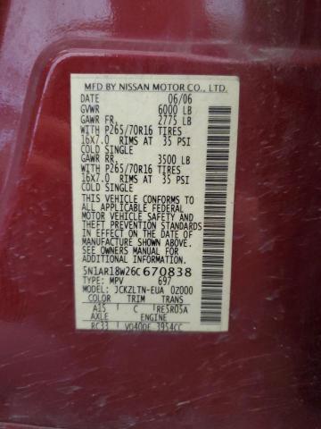 5N1AR18W26C670838 - 2006 NISSAN PATHFINDER LE 勃艮第红 照片 13