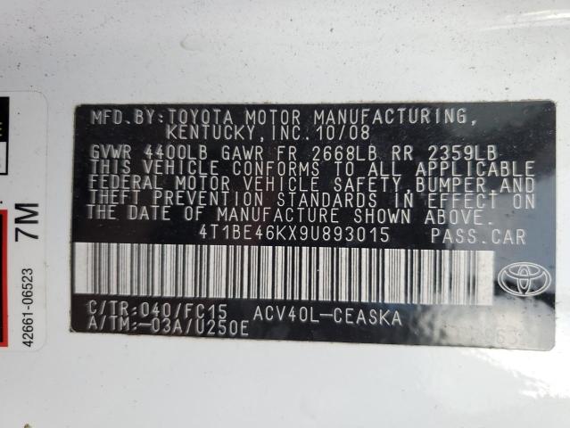 4T1BE46KX9U893015 - 2009 TOYOTA CAMRY BASE WHITE photo 12