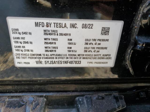 5YJSA1E51NF487833 - 2022 TESLA MODEL S BLACK photo 13