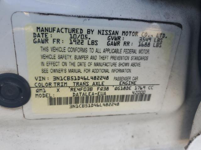 3N1CB51D46L482248 - 2006 NISSAN SENTRA 1.8 WHITE photo 12