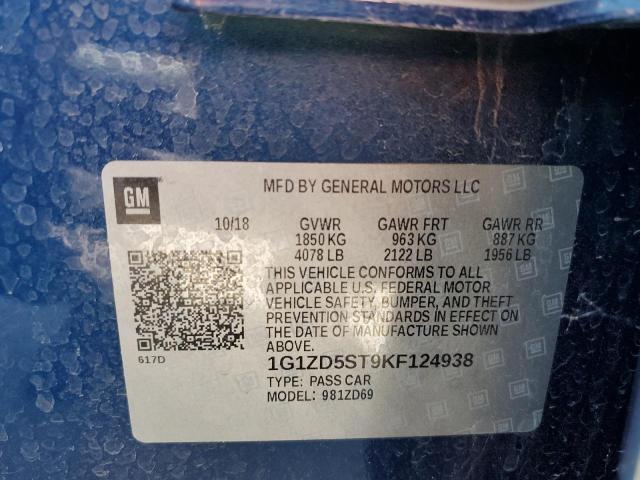 1G1ZD5ST9KF124938 - 2019 CHEVROLET MALIBU LT BLUE photo 12