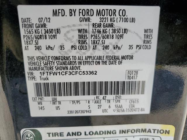 1FTFW1CF3CFC53362 - 2012 FORD F150 SUPERCREW CHARCOAL photo 12