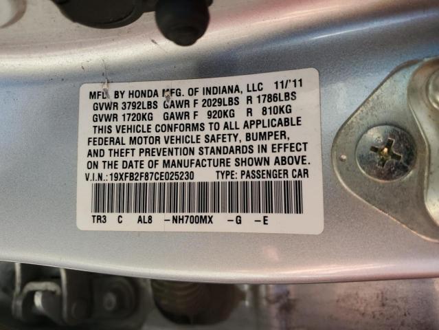 19XFB2F87CE025230 - 2012 HONDA CIVIC EX SILVER photo 12