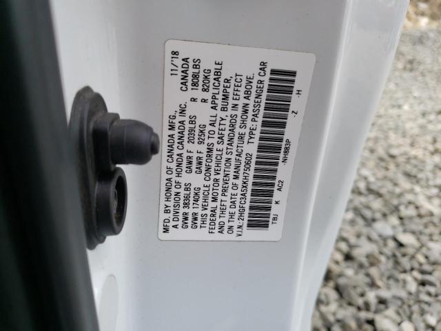 2HGFC3A5XKH750602 - 2019 HONDA CIVIC SI WHITE photo 12