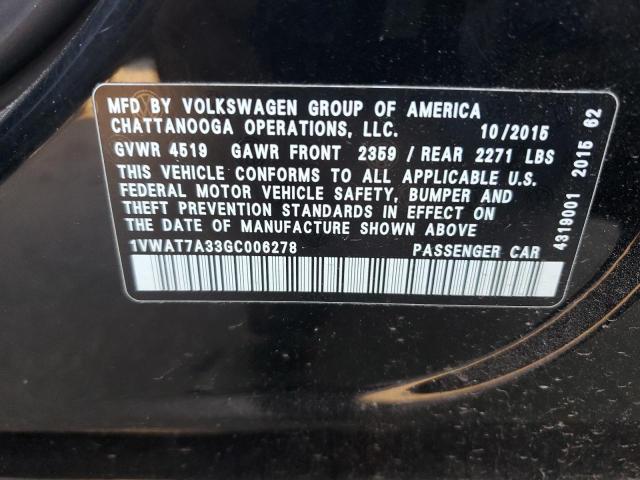 1VWAT7A33GC006278 - 2016 VOLKSWAGEN PASSAT S BLACK photo 13