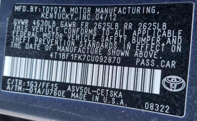 4T1BF1FK7CU092870 - 2012 TOYOTA CAMRY BASE CHARCOAL photo 12