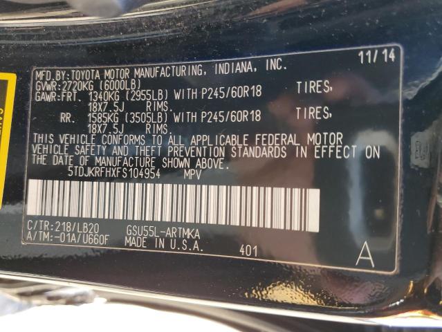 5TDJKRFHXFS104954 - 2015 TOYOTA HIGHLANDER XLE BLUE photo 14