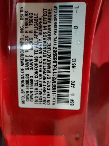 1HGEM21115L065962 - 2005 HONDA CIVIC DX VP Rot Foto 12