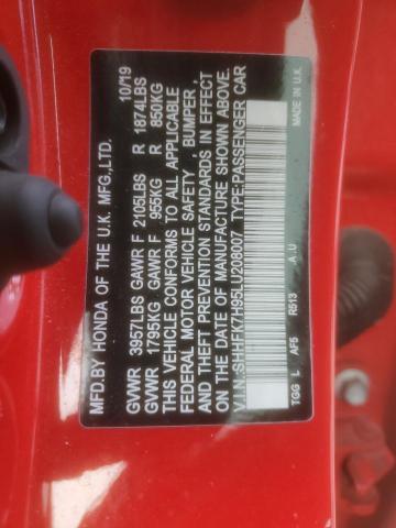 SHHFK7H95LU208007 - 2020 HONDA CIVIC SPORT TOURING RED photo 12