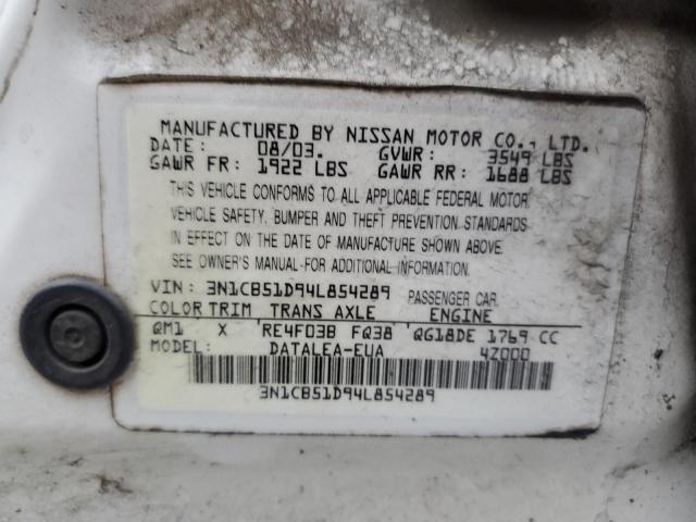 3N1CB51D94L854289 - 2004 NISSAN SENTRA 1.8 WHITE photo 12