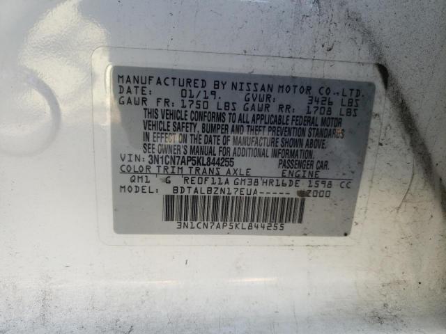 3N1CN7AP5KL844255 - 2019 NISSAN VERSA S WHITE photo 12