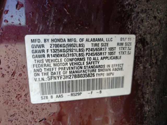 5FNYF3H27BB035826 - 2011 HONDA PILOT LX MAROON photo 14