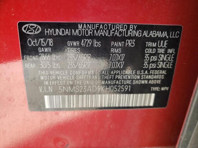 5NMS23AD9KH052591 - 2019 HYUNDAI SANTA FE SE RED photo 12