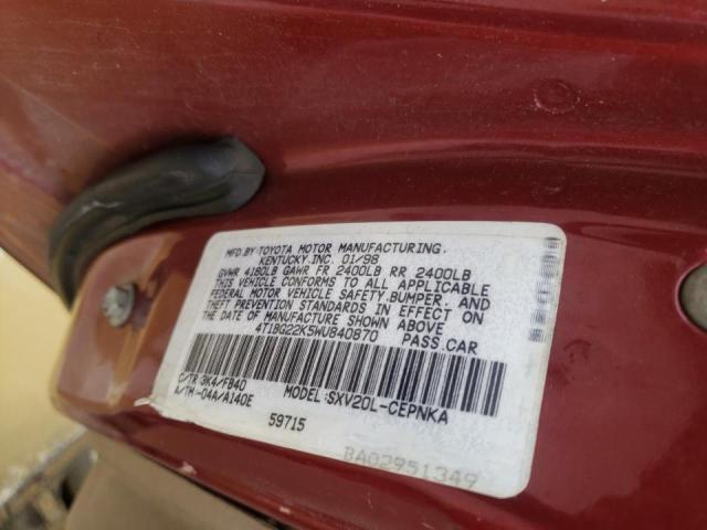 4T1BG22K5WU840870 - 1998 TOYOTA CAMRY CE MAROON photo 10