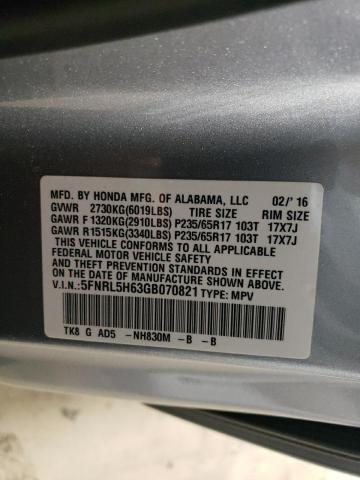 5FNRL5H63GB070821 - 2016 HONDA ODYSSEY EXL SILVER photo 13