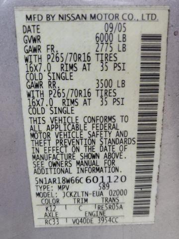 5N1AR18W66C601120 - 2006 NISSAN PATHFINDER LE SILVER photo 12