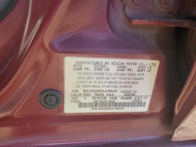 3N1CB51D02L690640 - 2002 NISSAN SENTRA XE BURGUNDY photo 13