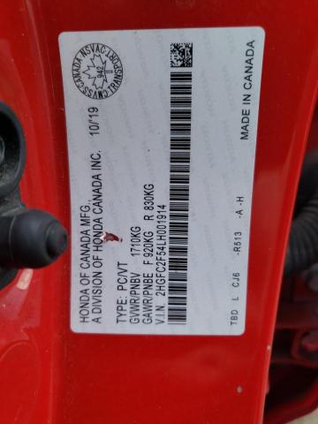 2HGFC2F54LH001914 - 2020 HONDA CIVIC LX RED photo 12