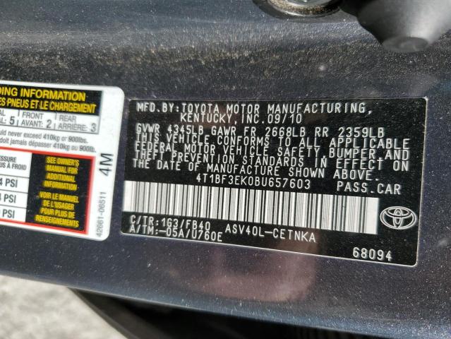 4T1BF3EK0BU657603 - 2011 TOYOTA CAMRY BASE GRAY photo 12