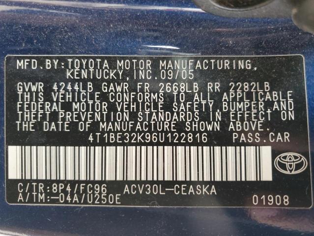 4T1BE32K96U122816 - 2006 TOYOTA CAMRY LE BLUE photo 12