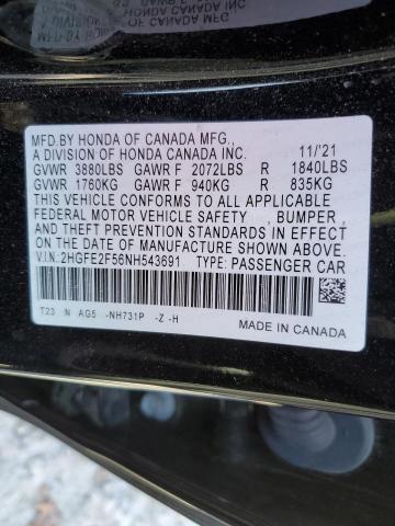 2HGFE2F56NH543691 - 2022 HONDA CIVIC SPORT BLACK photo 12