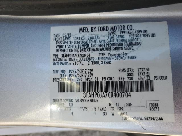 3FAHP0JA7CR400704 - 2012 FORD FUSION SEL SILVER photo 12