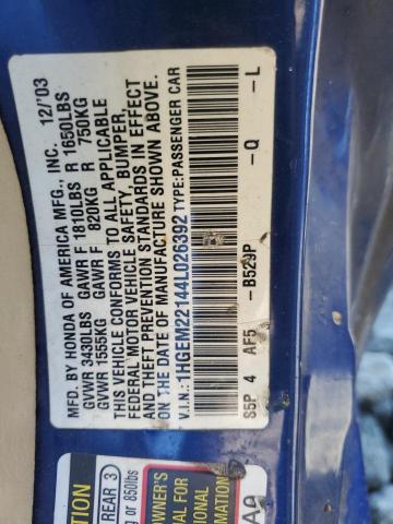 1HGEM22144L026392 - 2004 HONDA CIVIC DX VP Blau Foto 12