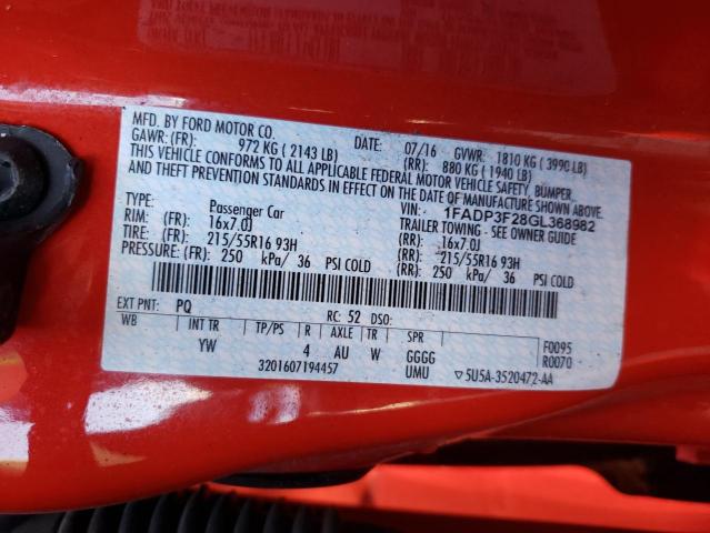 1FADP3F28GL368982 - 2016 FORD FOCUS SE RED photo 13
