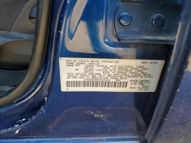 JTEGD20V840027104 - 2004 TOYOTA RAV4 BLUE photo 12