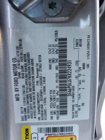 3FA6P0LU7KR224931 - 2019 FORD FUSION SE SILVER photo 12