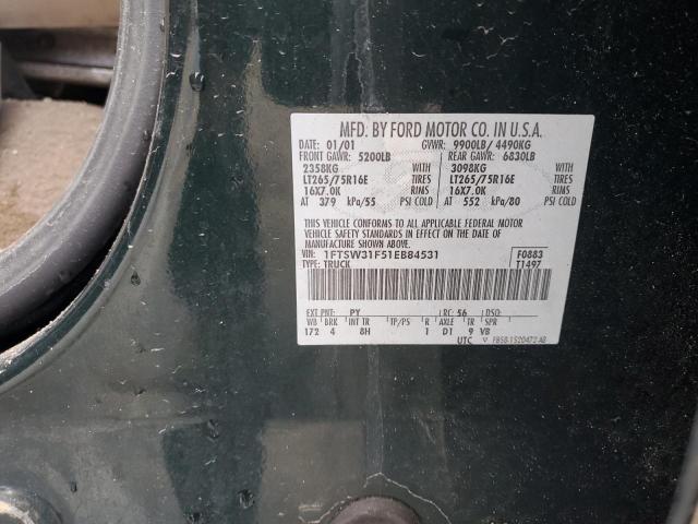 1FTSW31F51EB84531 - 2001 FORD F350 SRW SUPER DUTY GREEN photo 12