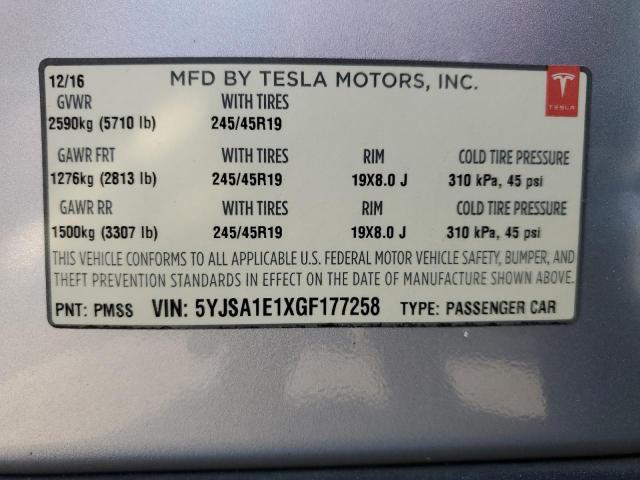 5YJSA1E1XGF177258 - 2016 TESLA MODEL S SILVER photo 13