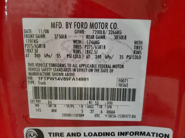 1FTPW14V89FA14991 - 2009 FORD F150 SUPERCREW RED photo 12