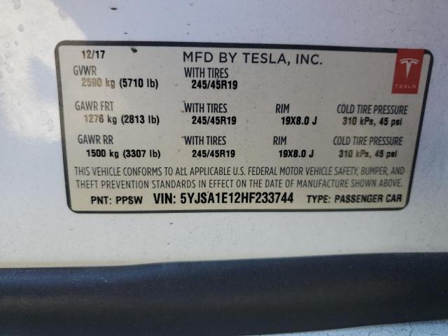 5YJSA1E12HF233744 - 2017 TESLA MODEL S WHITE photo 13