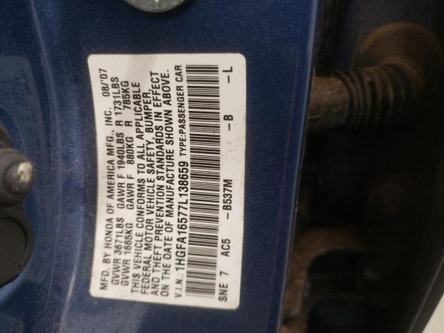 1HGFA16577L138659 - 2007 HONDA CIVIC LX BLUE photo 13