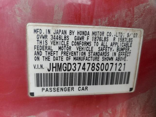 JHMGD37478S007121 - 2008 HONDA FIT RED photo 12