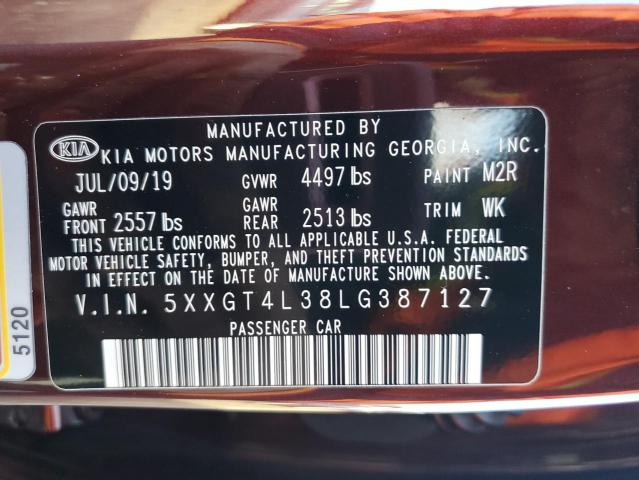 5XXGT4L38LG387127 - 2020 KIA OPTIMA LX BURGUNDY photo 12