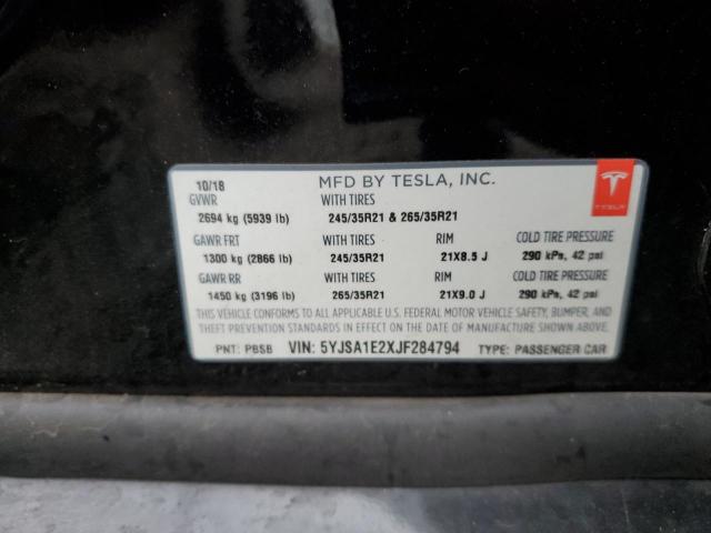 5YJSA1E2XJF284794 - 2018 TESLA MODEL S Սև լուսանկար 12